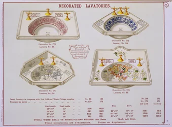 Dekorerede toiletter fra et katalog over sanitetsartikler produceret af Morrison, Ingram & Co., Manchester, udgivet ca. 1890